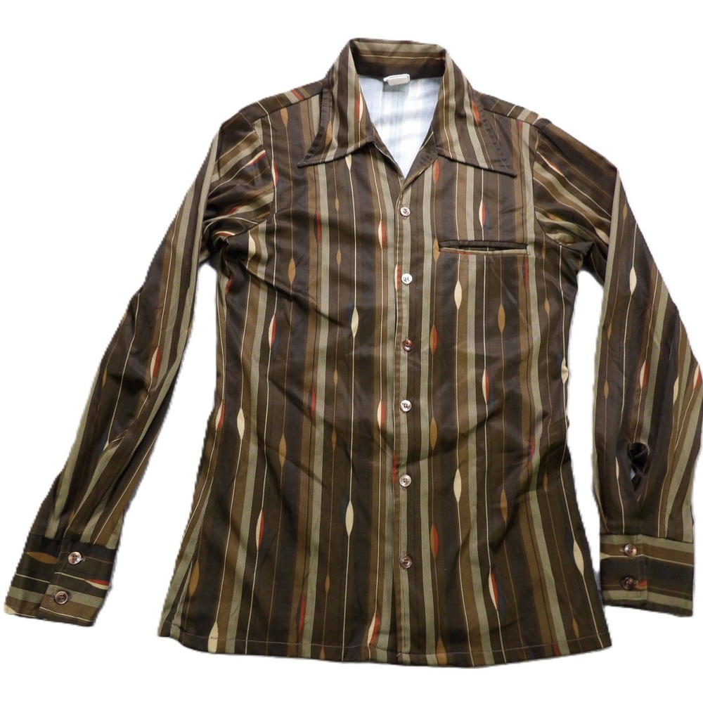 VTG 60s California Disco Shirt Men S Brown Dagger Collar Abstract Mod USA Made L